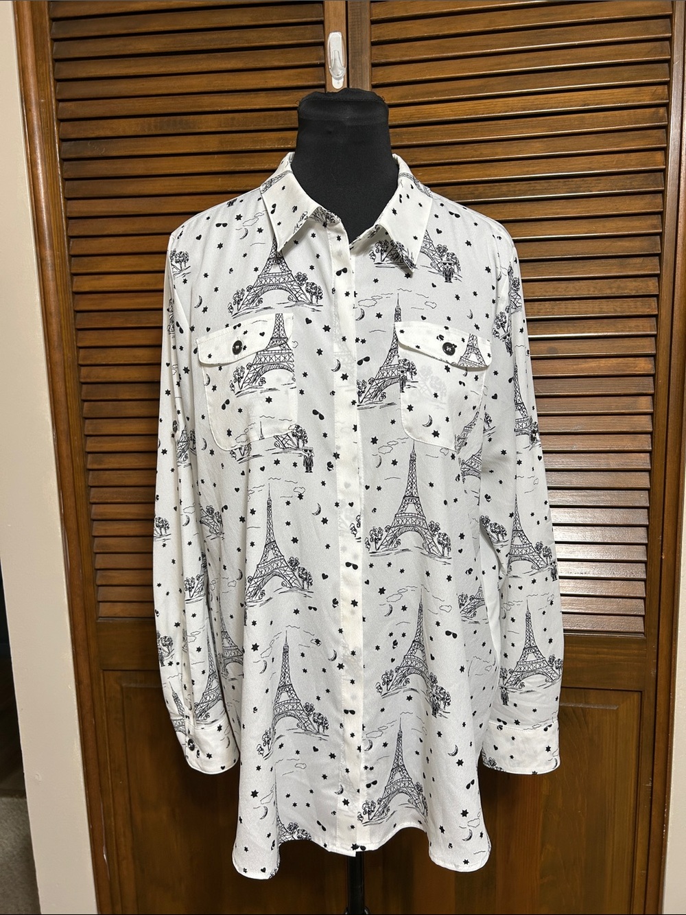 Karl Lagerfeld Paris Eiffel Tower Print Long Sleeve Roll-up Tab Blouse Size XL